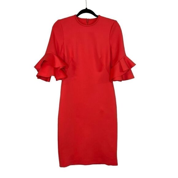 Black Halo Josie Ruffle Sleeve Sheath Cocktail Midi Dress| Size 6 - Picture 1 of 7
